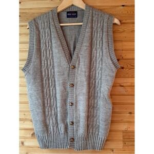 70s VTG Sweater Vest Cable Knit Gray Buttons Pine State Large Grandpa Academia